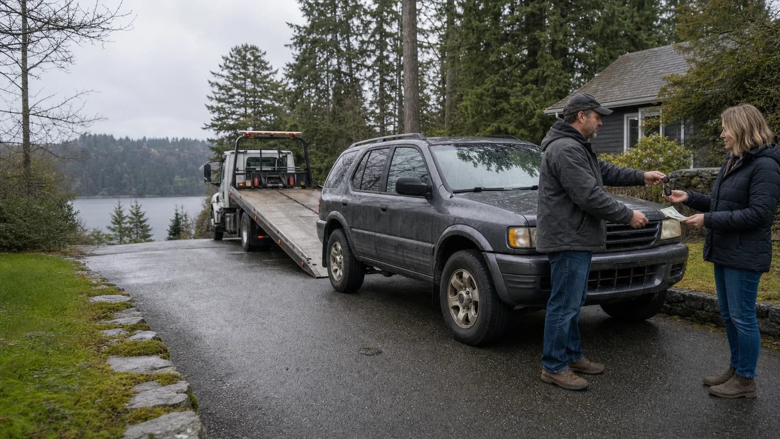 Belcarra vehicle seller completing a cash-and-keys handoff before driveway pickup