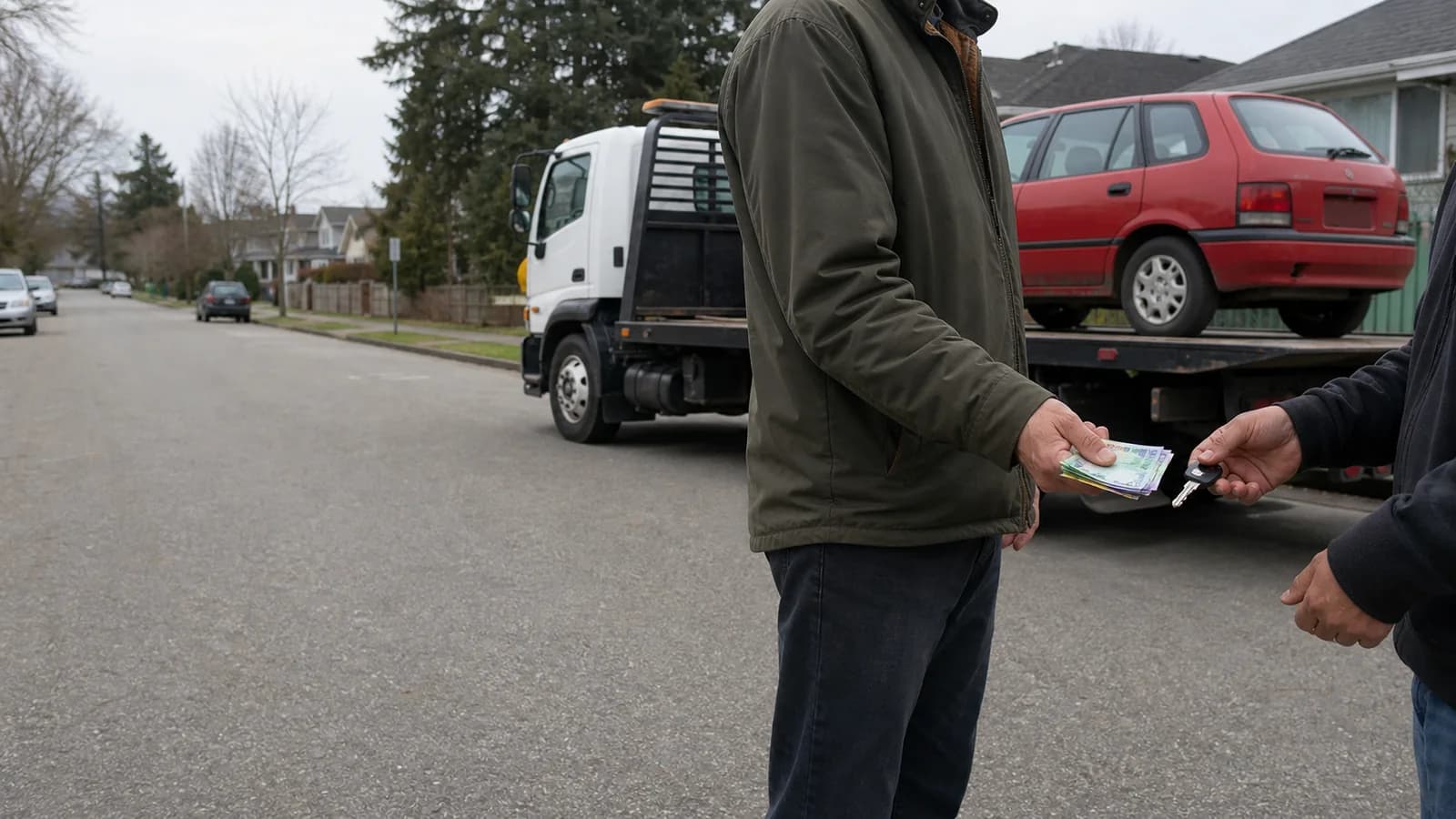 Burnaby vehicle seller exchanging keys and Canadian cash beside a red car on a flatbed