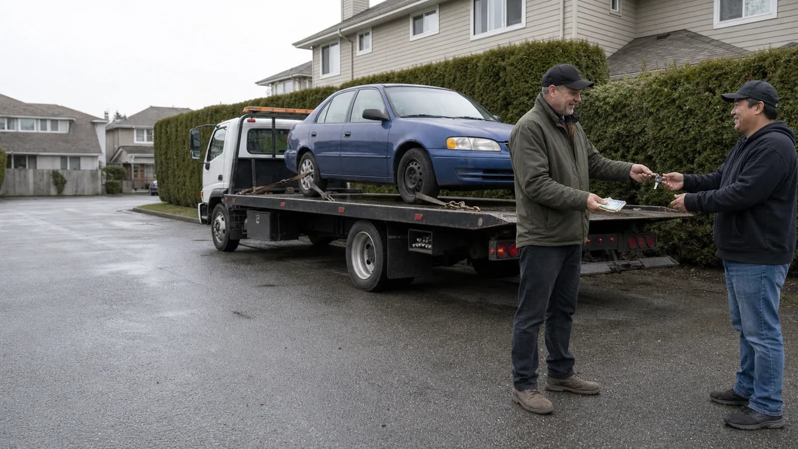 Richmond seller exchanging vehicle keys and Canadian cash beside a blue car on a flatbed