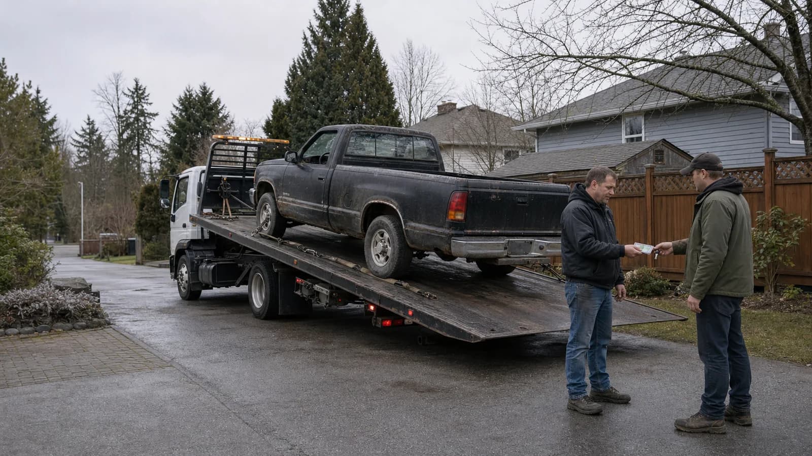 Surrey seller completing a cash-and-keys handoff beside an older pickup on a flatbed