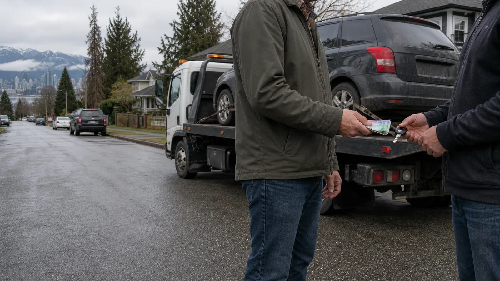 Vancouver vehicle seller exchanging keys and Canadian cash beside a flatbed pickup