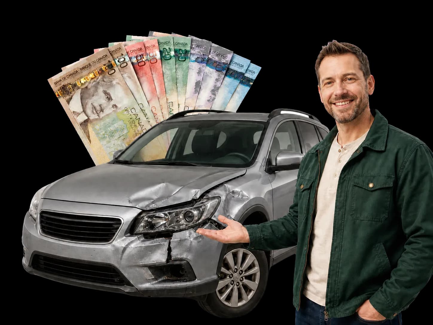 Damaged vehicle displayed with Canadian cash and a friendly vehicle buyer