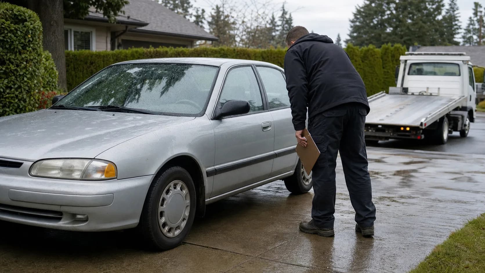 Buyer inspecting an older vehicle in a residential driveway