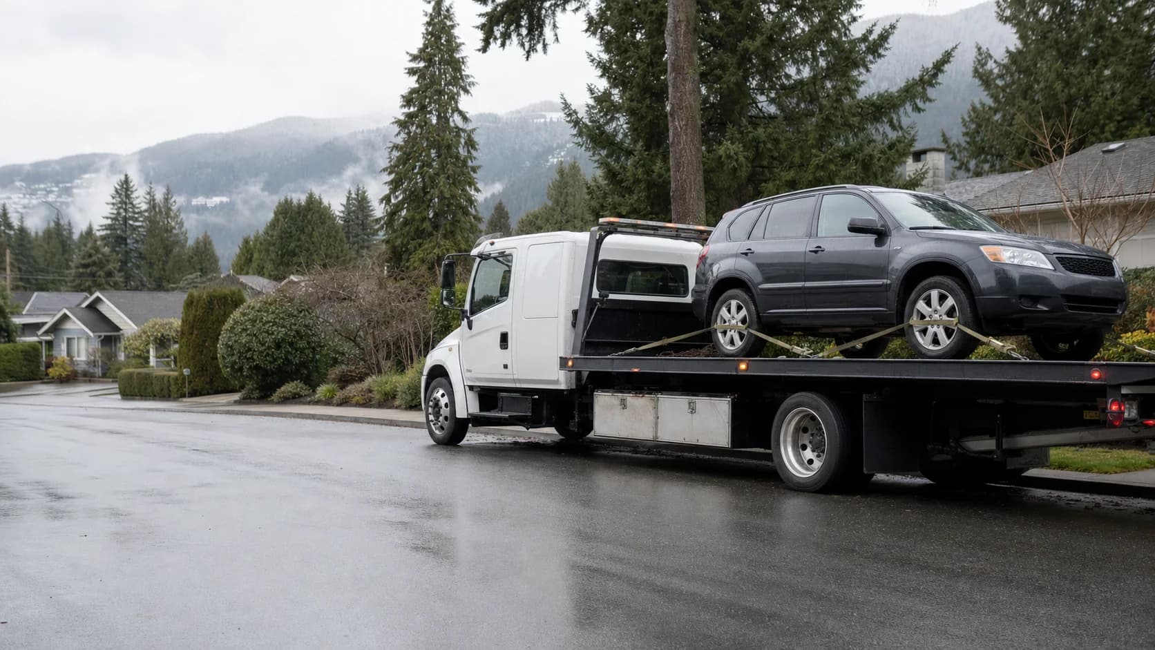 Vehicle being collected by a tow truck in Metro Vancouver
