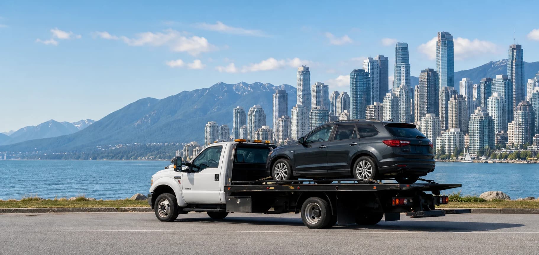 Non-running car positioned for flatbed pickup in Vancouver