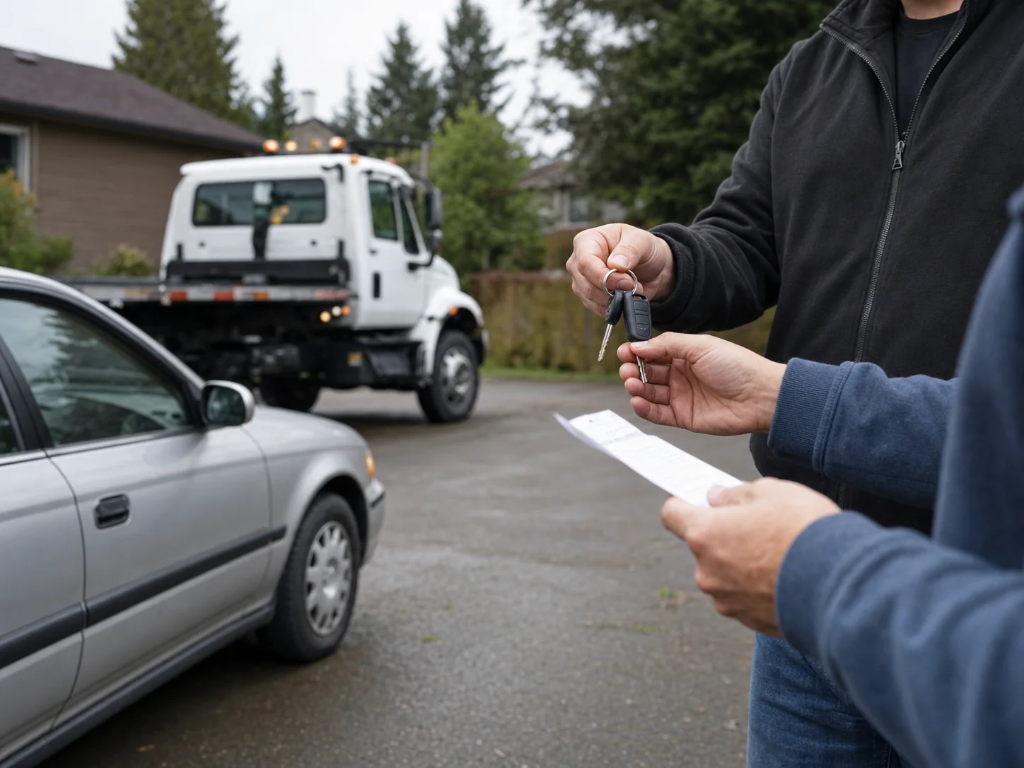 Vehicle owner handing keys to a buyer during a documented sale